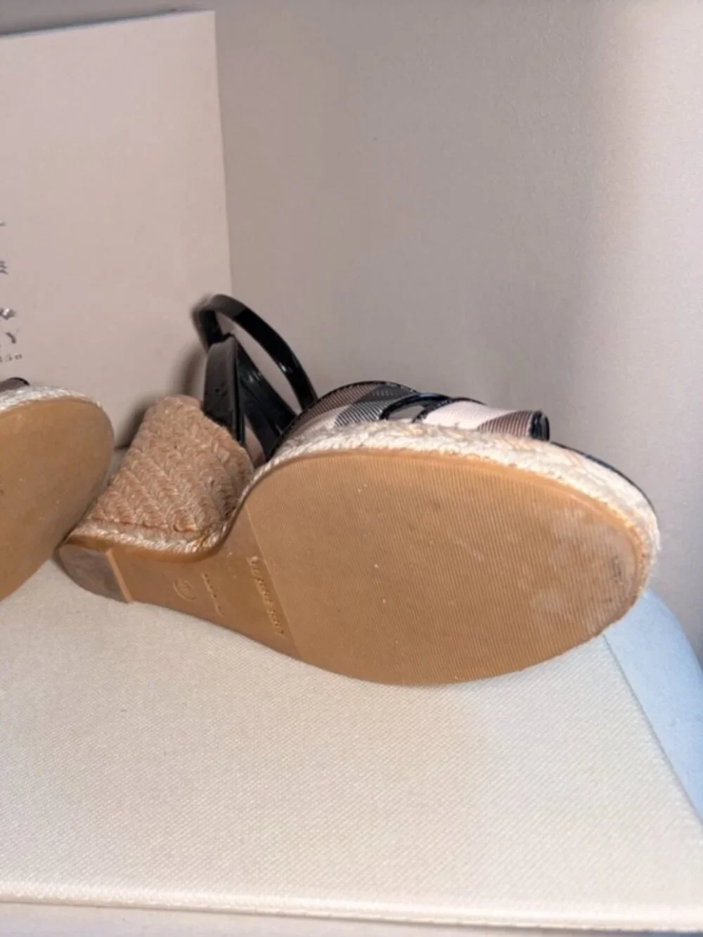Burberry Nova Check canvas and black patent leather Espadrille Wedges, Sz 40.5